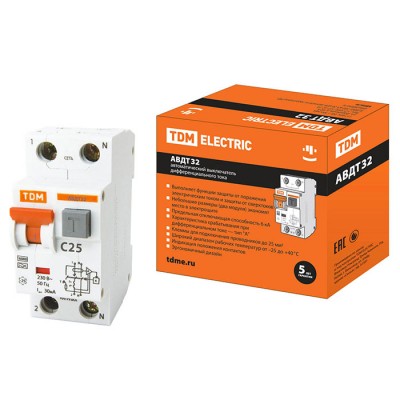 Автоматический выключатель дифференциального тока АВДТ32 C25 30 мА х-ка C TDM Electric (Дифавтомат)