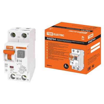 Автоматический выключатель дифференциального тока АВДТ64 B16 10 мА х-ка B TDM Electric с защитой (Дифавтомат)
